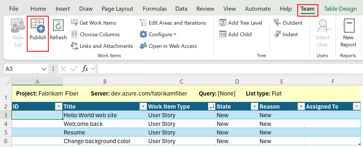 Screenshot that shows how to Publish your worksheet.