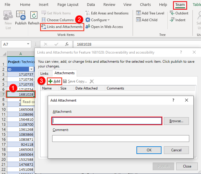 Screenshot of the Links and Attachments dialog showing how to add files as attachments.