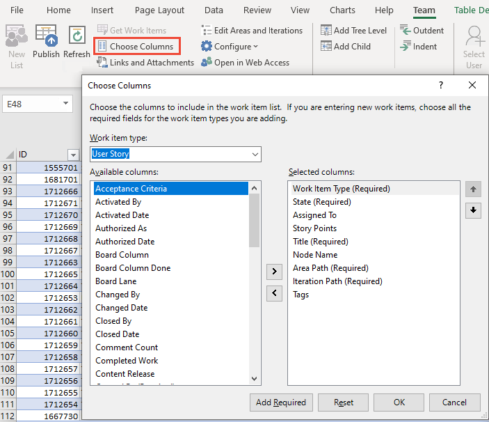 Screenshot that shows how to open and work with the Choose Columns dialog.