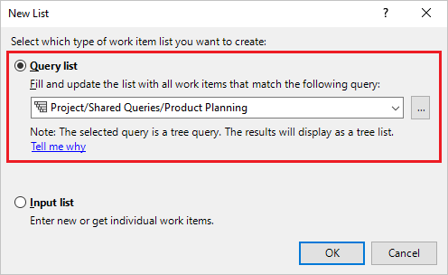 Screenshot of the New List dialog with the Query list option highlighted.