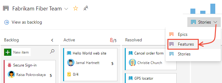 Screenshot showing the Features board selector.