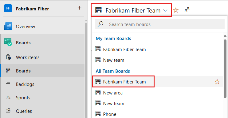 Screenshot showing the All Team Boards dropdown.