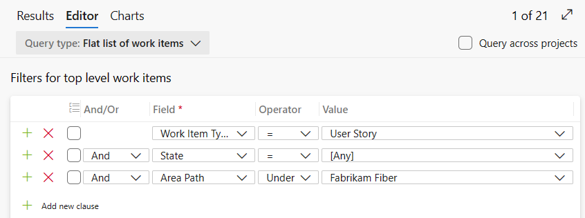 Screenshot that shows the Query editor flat-list for open stories with Story Points and State columns.