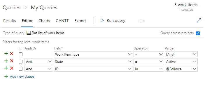 Screenshot that shows the Query Editor with ID In @Follows query clause