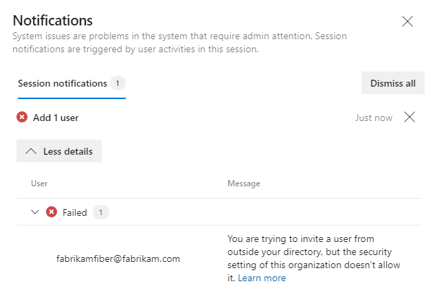 Screenshot of the Notification dialog of failure.
