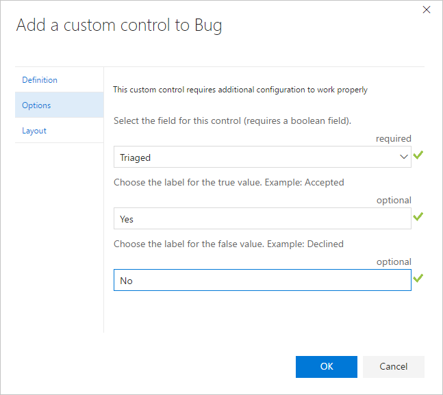 Screenshot of the Custom control dialog box.