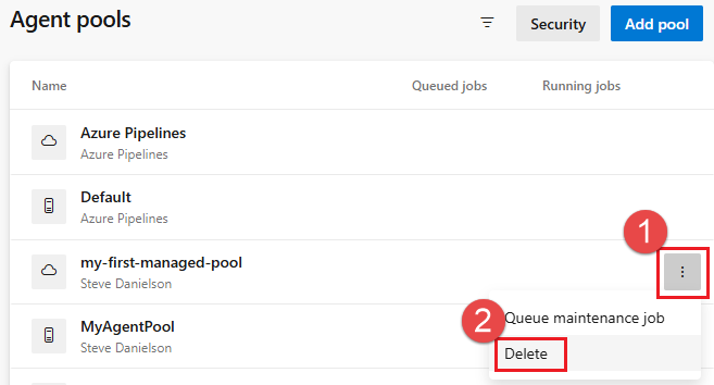 Screenshot that shows how to delete an agent pool.