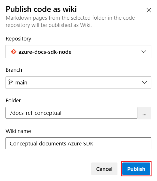 Screenshot that shows how to configure the new code wiki in the Publish code as wiki dialog.