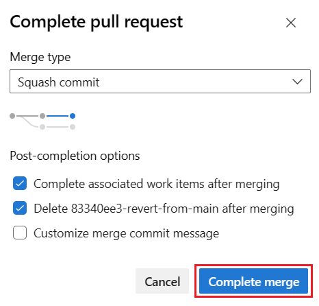 Screenshot that shows the Complete merge for the pull request to revert the page in the published code as wiki.