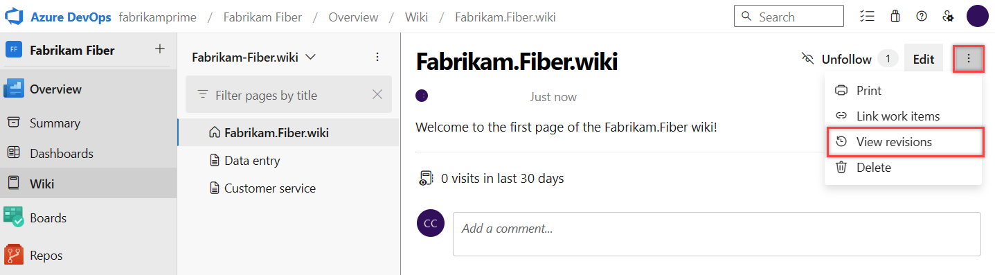 Screenshot that shows how to select the View revisions option for a wiki page in the Azure DevOps web portal.