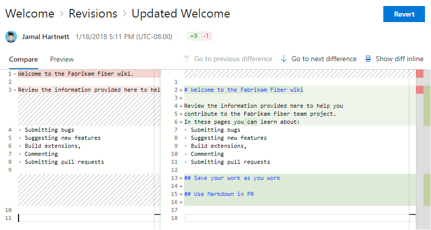 Screenshot that shows the page revisions in the Compare view with changes visible side-by-side view.