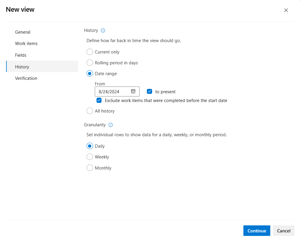 Screenshot shows the History tab where you can exclude work items for a rolling period of 14 days.