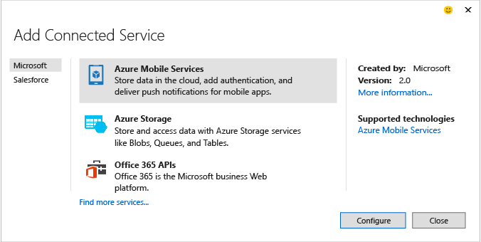 VS2015_AddConnectedServiceDialog Add Connected Services Dialog