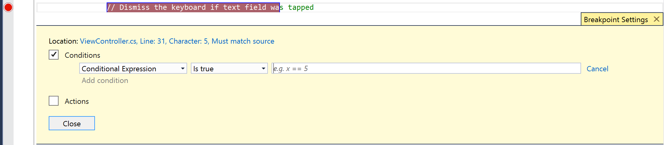 The Breakpoint Settings menu