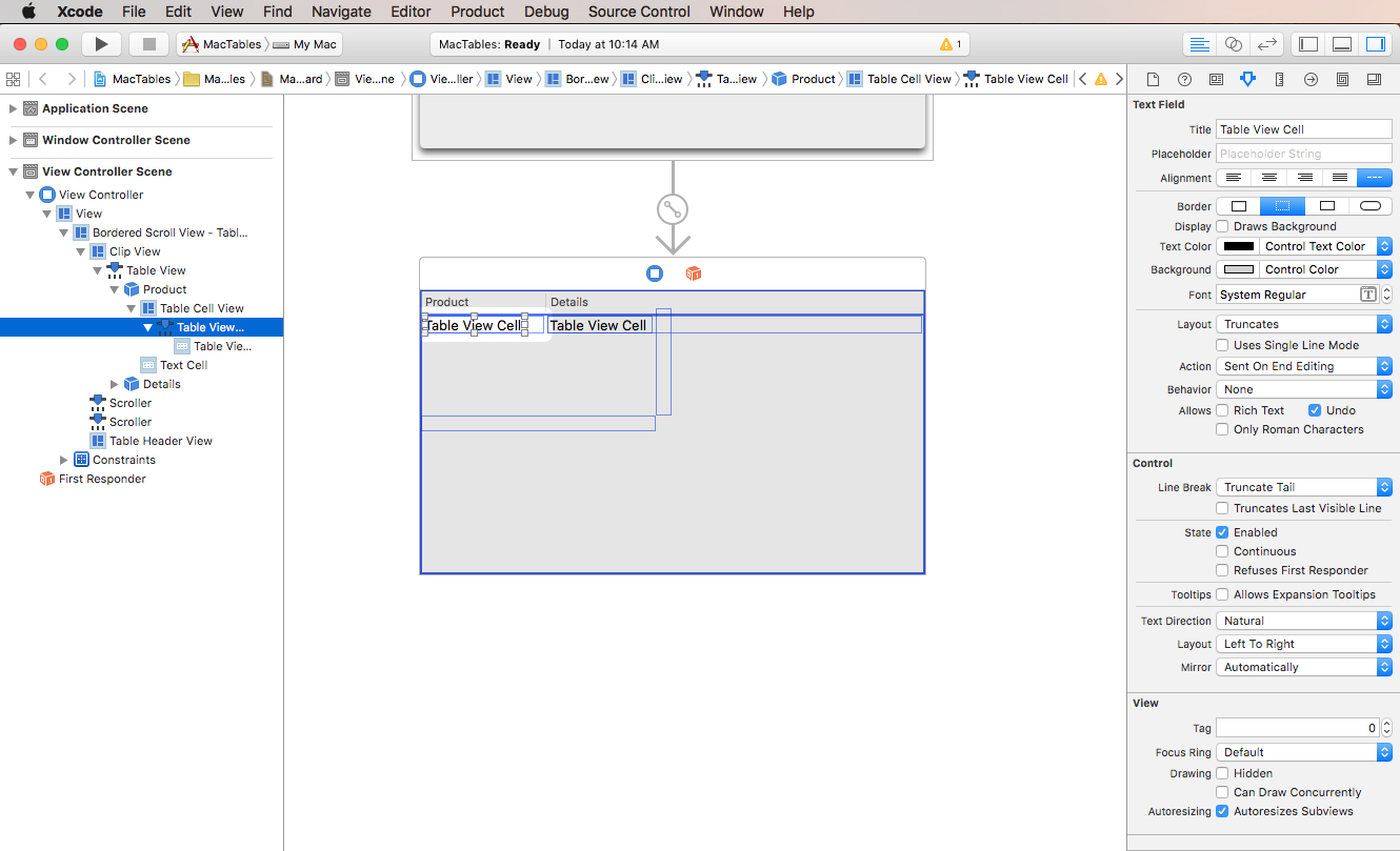 Screenshot shows the properties available for a Table View Cell in the Attribute Inspector.
