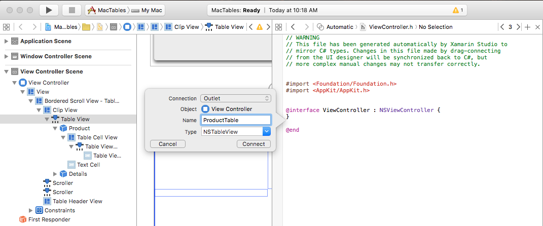 Screenshot shows an Outlet connection created for the Table View named ProductTable.