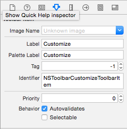 Customizing a toolbar item using the Attributes Inspector Customizing a toolbar item using the Attributes Inspector