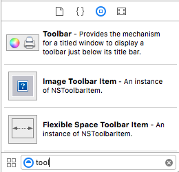The Library Inspector, filtered to show toolbar items The Library Inspector, filtered to show toolbar items
