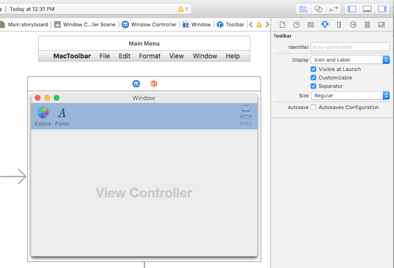 The Attributes Inspector for a toolbar The Attributes Inspector for a toolbar