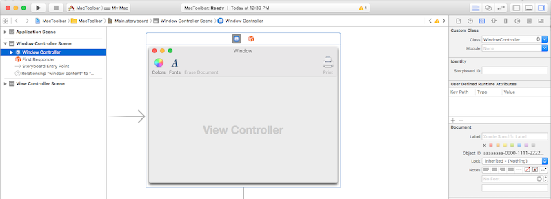 Using the Identity Inspector to set a custom class for the window controller Using the Identity Inspector to set a custom class for the window controller