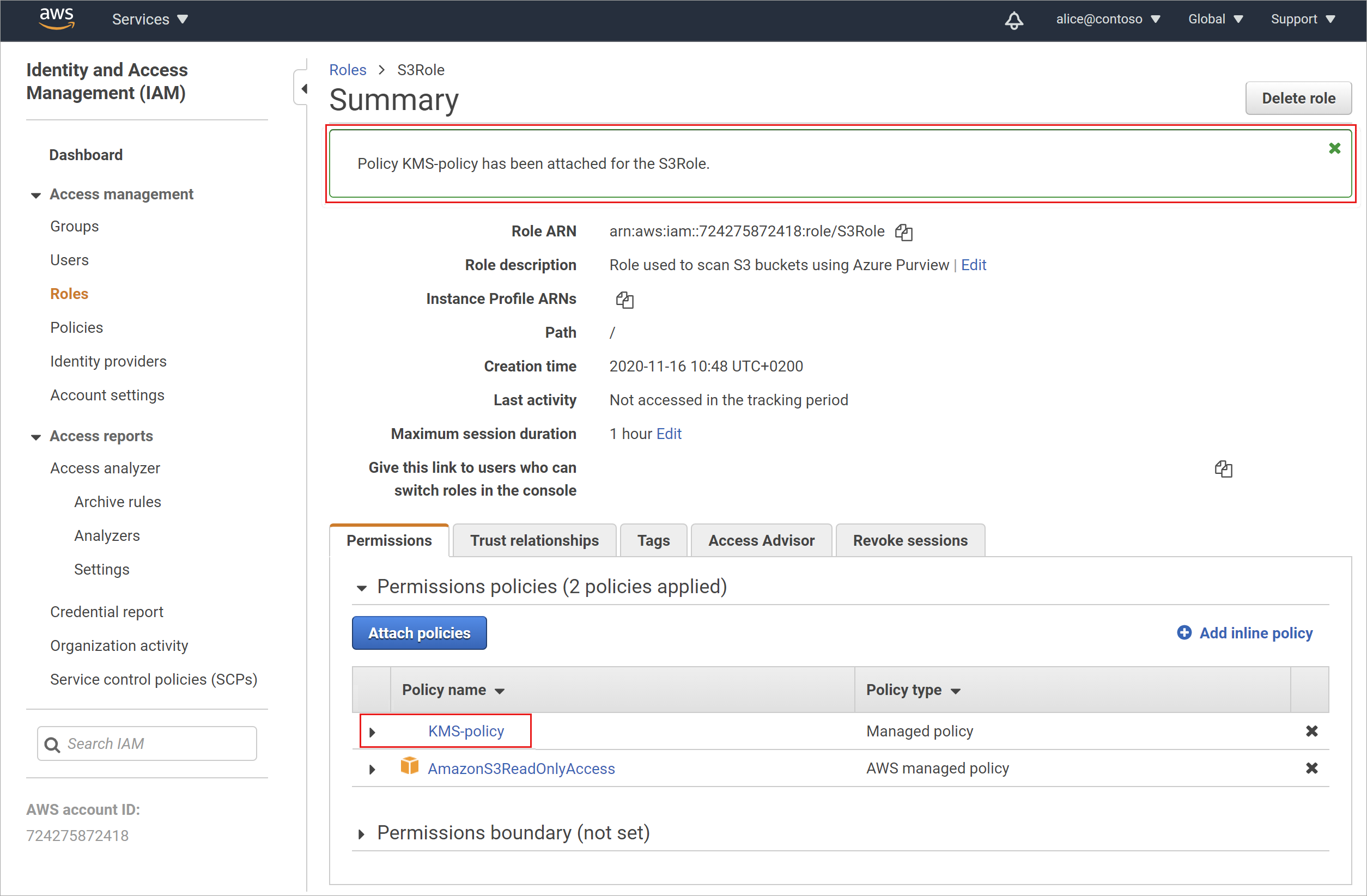 View an updated Summary page with the new policy attached to your role.