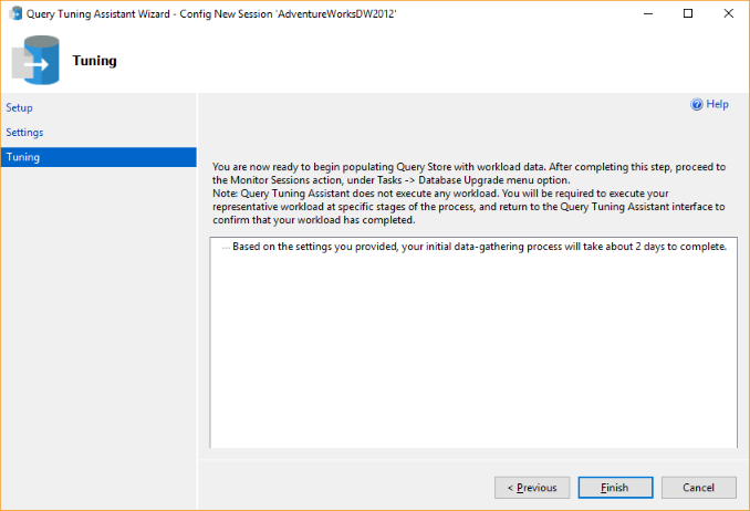 Screenshot of New database upgrade tuning window.