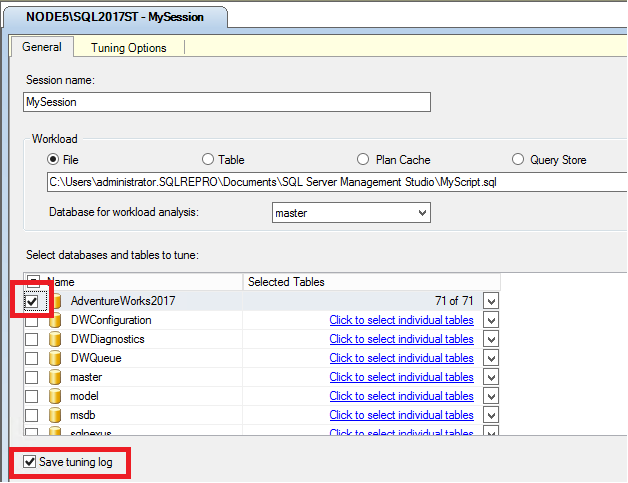 Screenshot of DTA options for db.