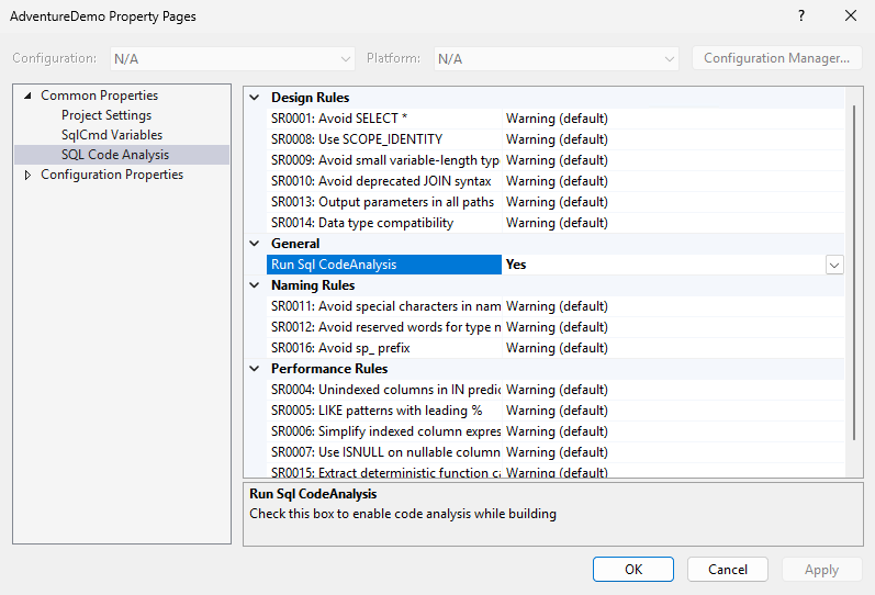 Screenshot of the Code Analysis tab in the project properties window with Enable Code Analysis on Build set to Yes.