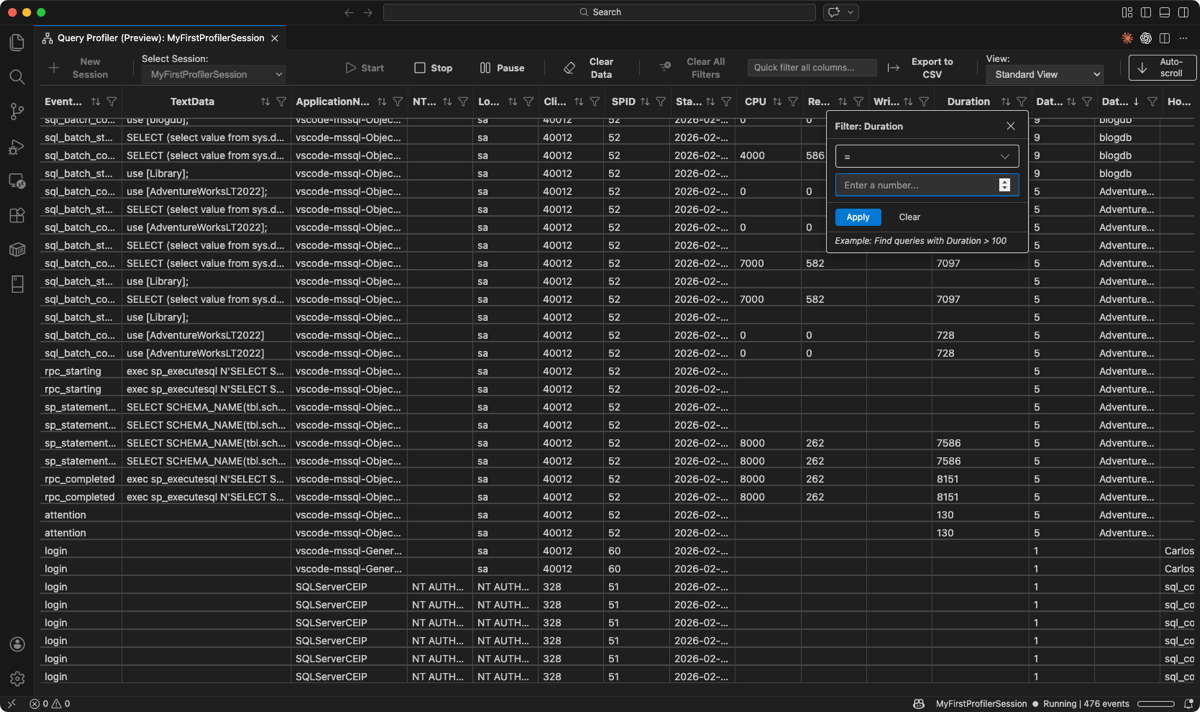 Screenshot of the Duration column filter with a numeric comparison operator and value input.