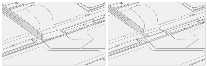 Screenshot that shows removing the shield lid and disconnecting the TDM FPC with a pointed spudger.