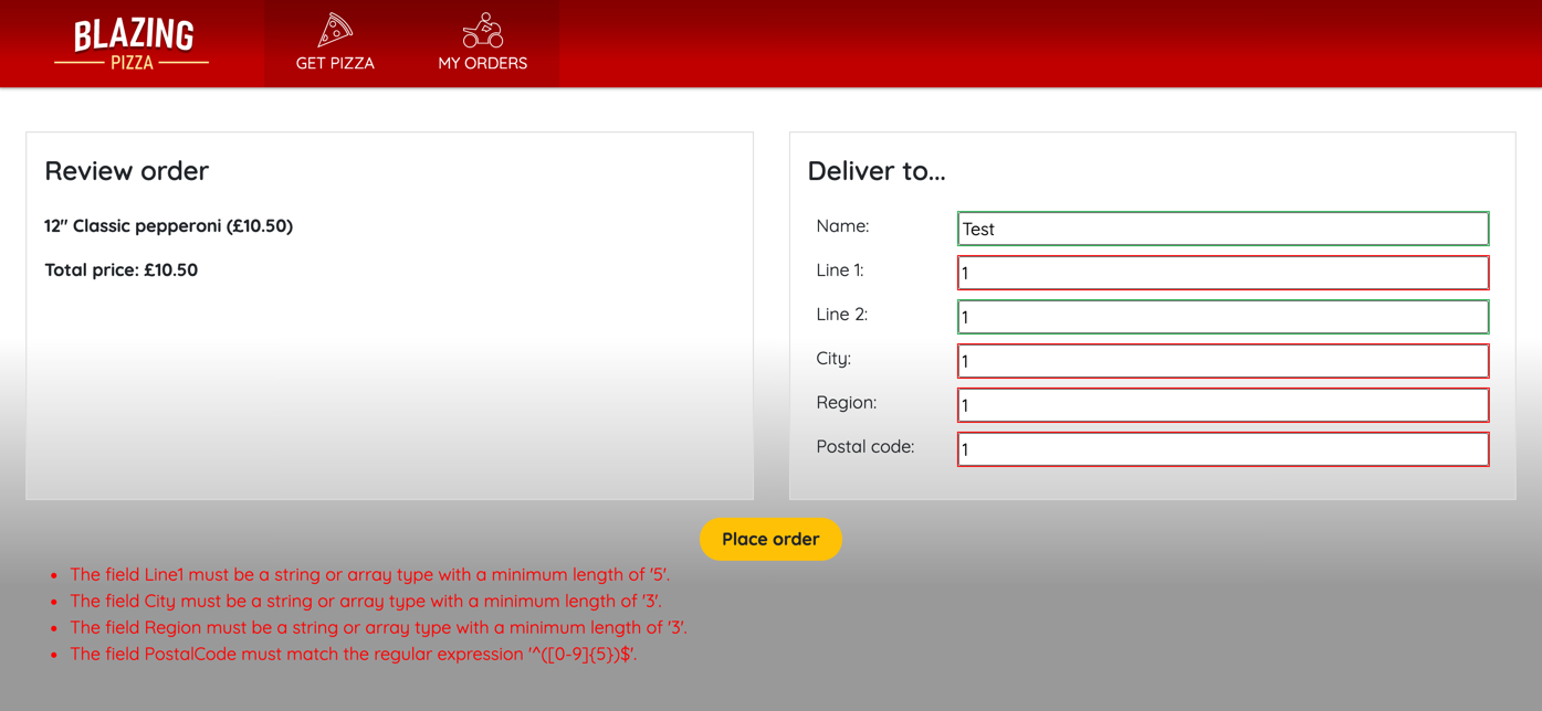 Screenshot of an example form displaying feedback for the user about invalid data.