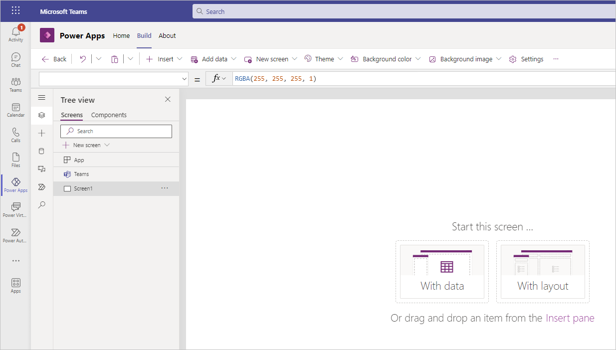 Screenshot of the app start screen highlighting the options to start the screen with data, layout or drag and drop.