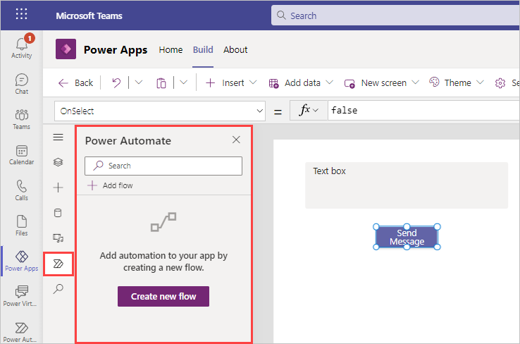 Screenshot of the Power Automate popup with the Power Automate button on the side rail highlighted.