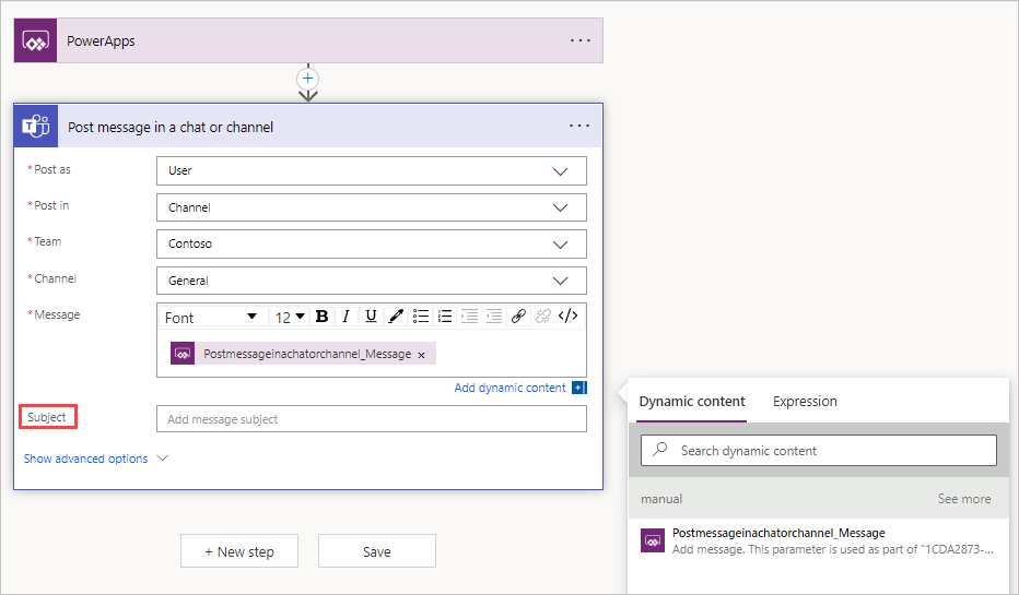 Screenshot of the updates made to the Post message in a chat or channel action.