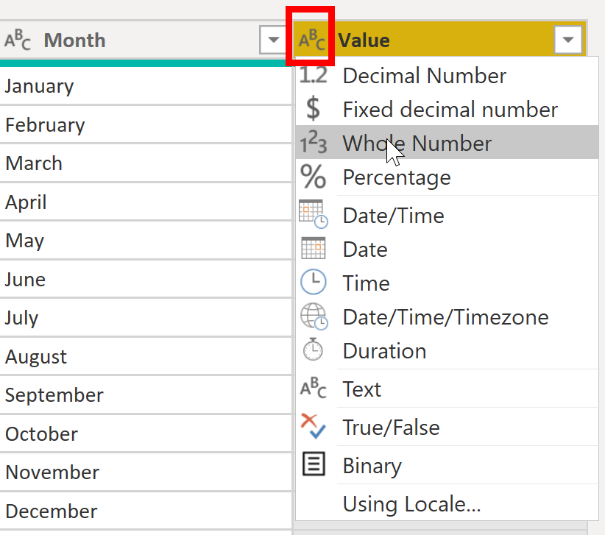 Select data type from list
