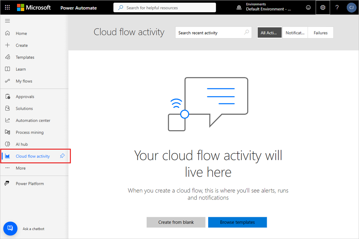 Screenshot of the Cloud flow activity page in Power Automate showing the activity list with All Activity, Notifications, and Failures tabs.