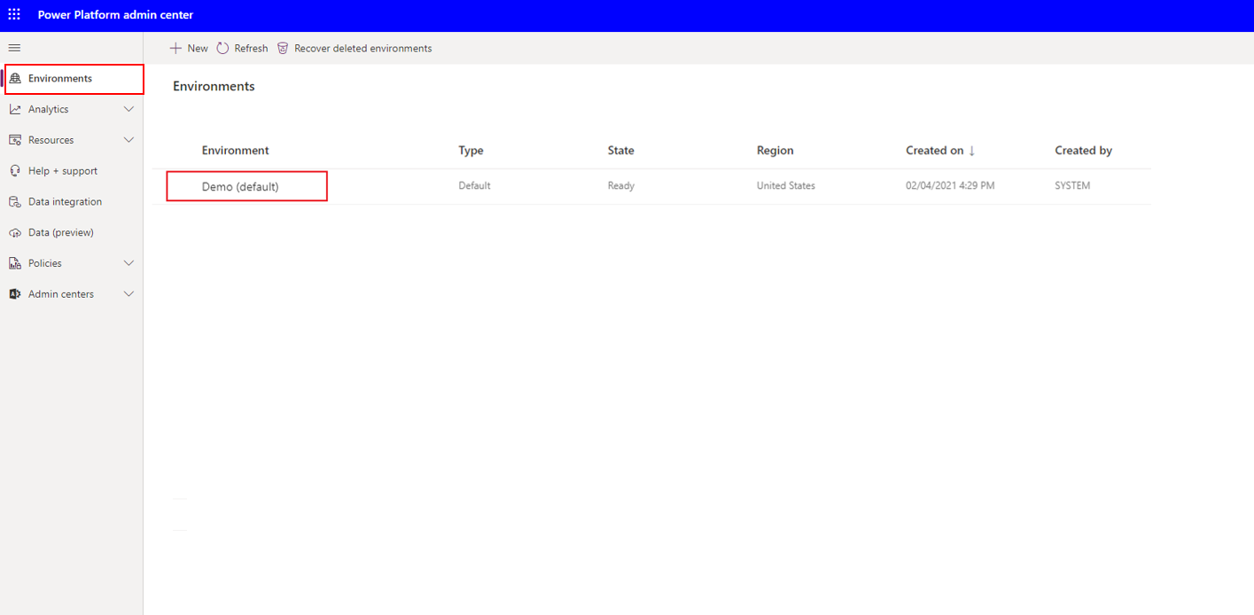 Screenshot of Microsoft Power Platform admin center with the Environments page selected.