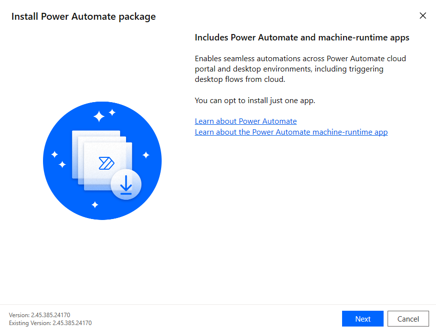 Screenshot of the Power Automate for desktop setup page.