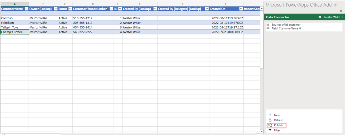 Screen showing Excel with data and the Add-on pane showing the Publish button highlighted.