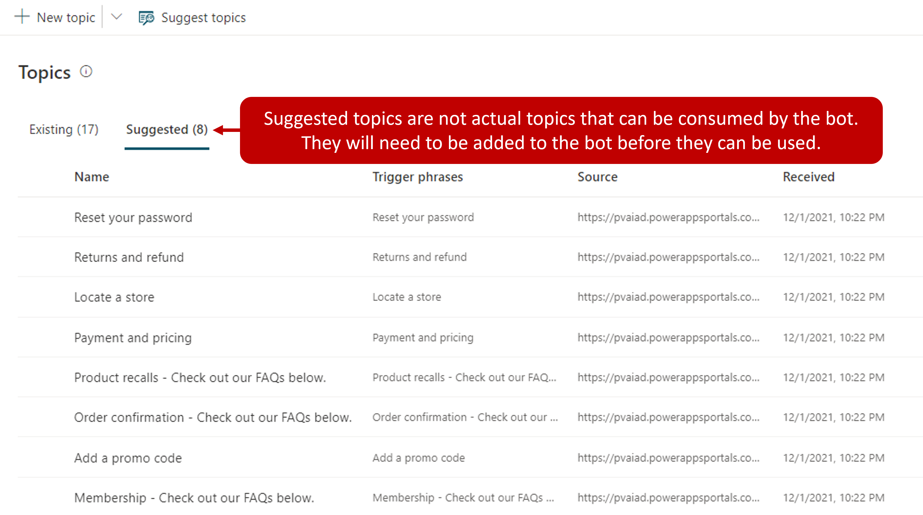 Screenshot showing the Topics list on the Suggested tab. Suggested topics are not actual topics that can be consumed by the agent. They must be added before they can be used.
