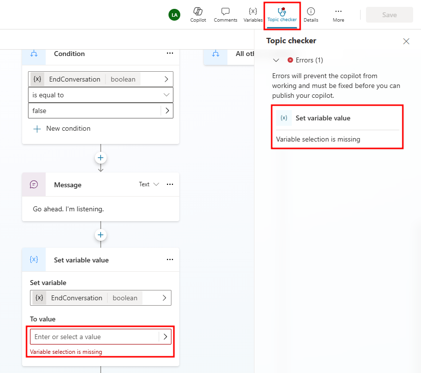Screenshot of the Topic checker button selected and the topic checker window showing five errors.