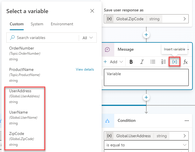 Screenshot of the agent variable settings.