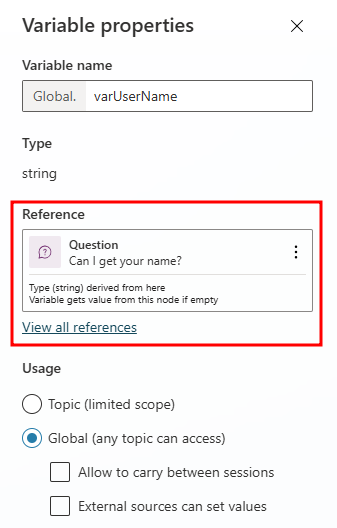 Screenshot of the source and used by details for the agent variables.