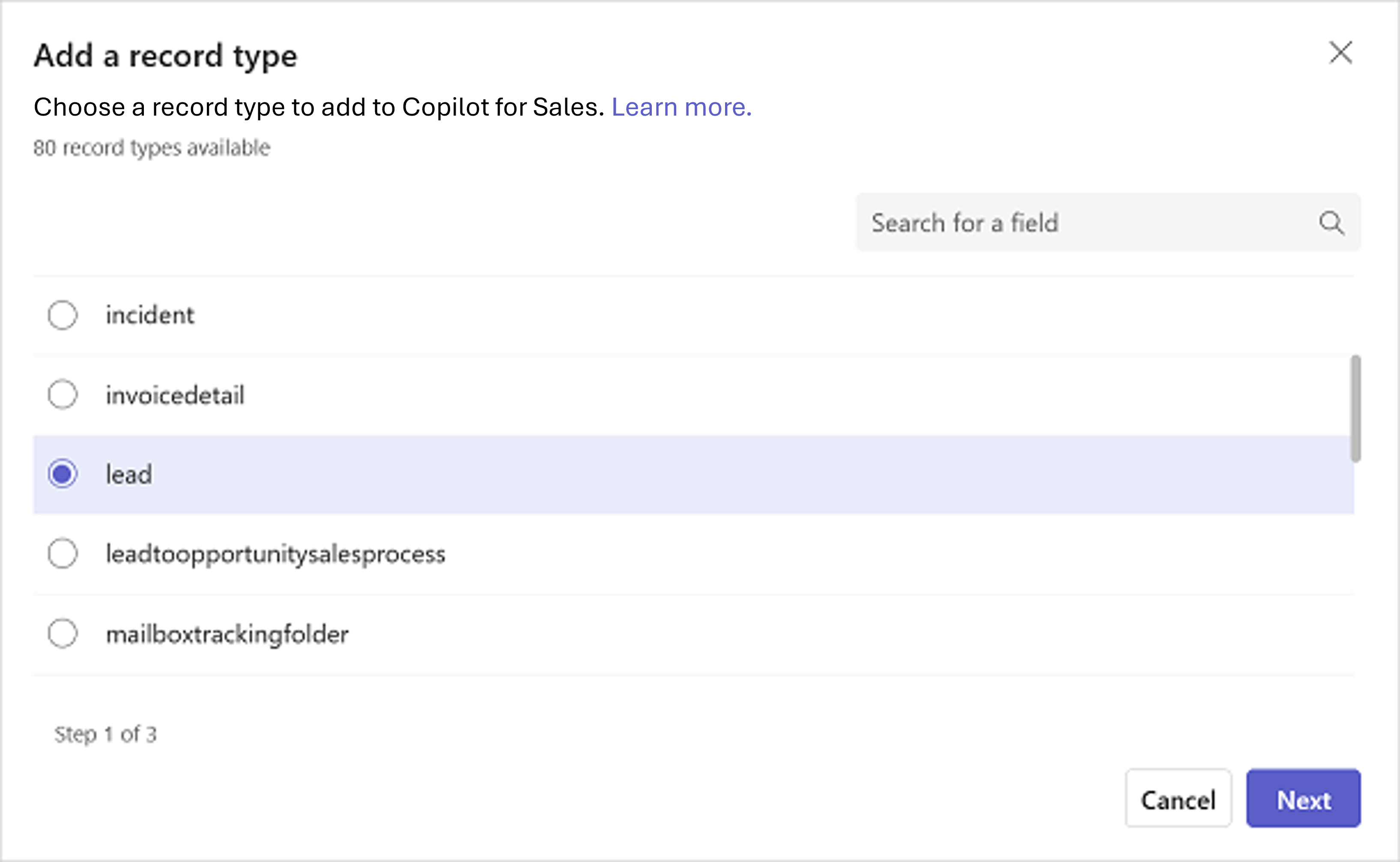 Screenshot of selecting a record type to add.