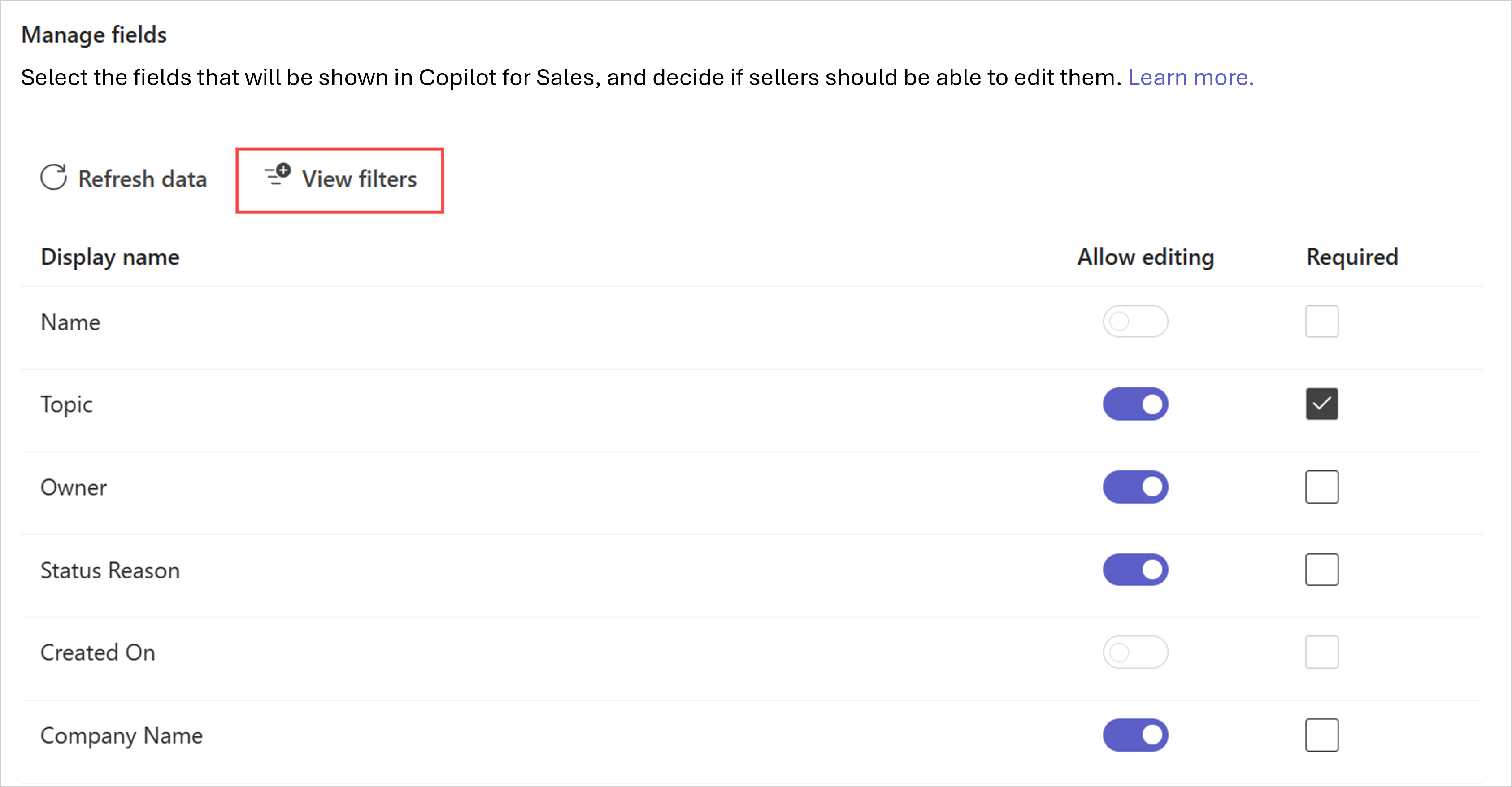 Screenshot of View filters used in a view.