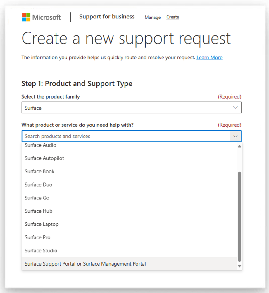 Screenshot of create support request page.