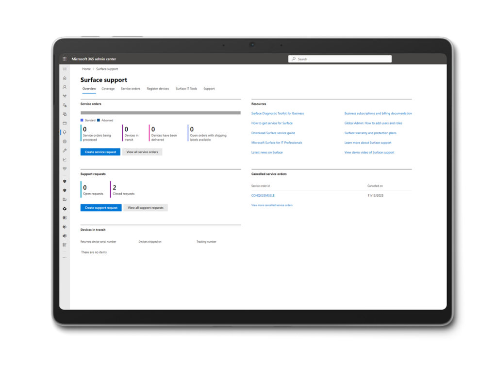 Screenshot of Surface Support Portal landing page.