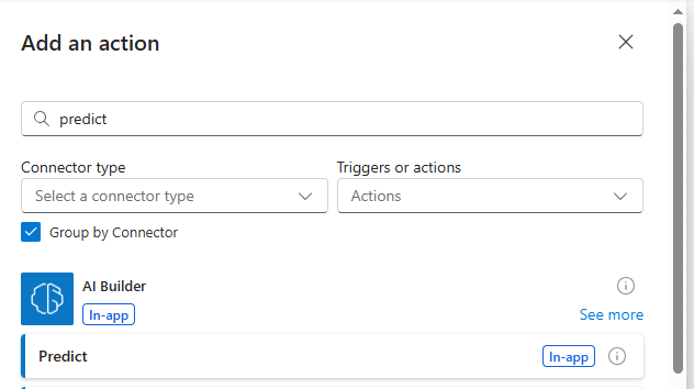 Screenshot of the Choose an operation dialog box showing search results for Predict.