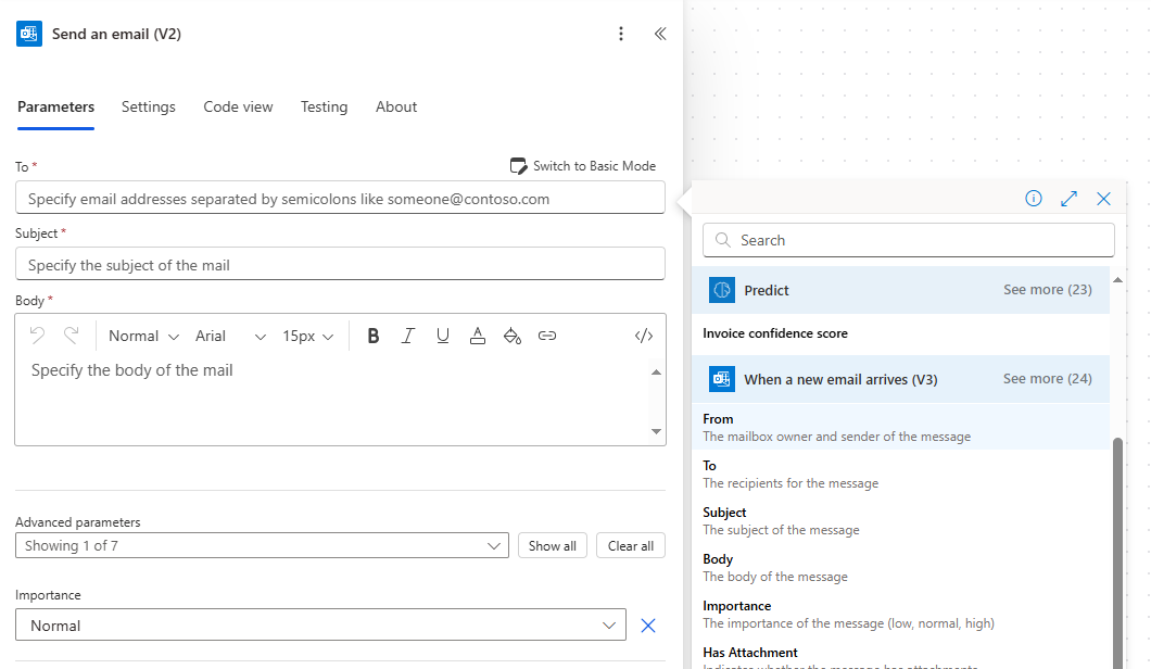 Screenshot of the Send an email action with Dynamic content showing search results for From.