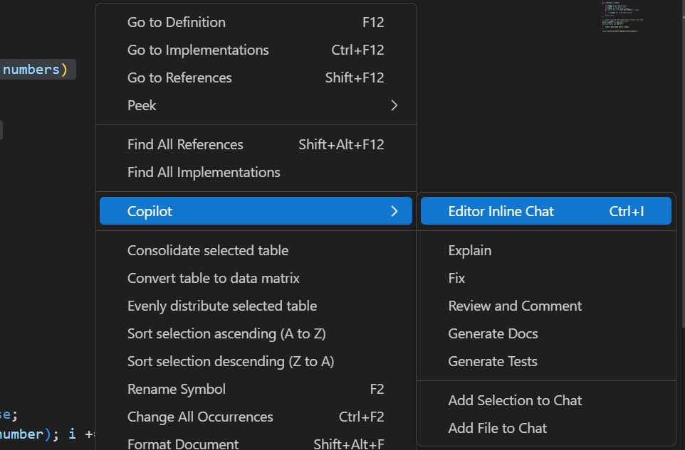 Screenshot showing how to access the inline chat from the GitHub Copilot menu in Visual Studio Code.